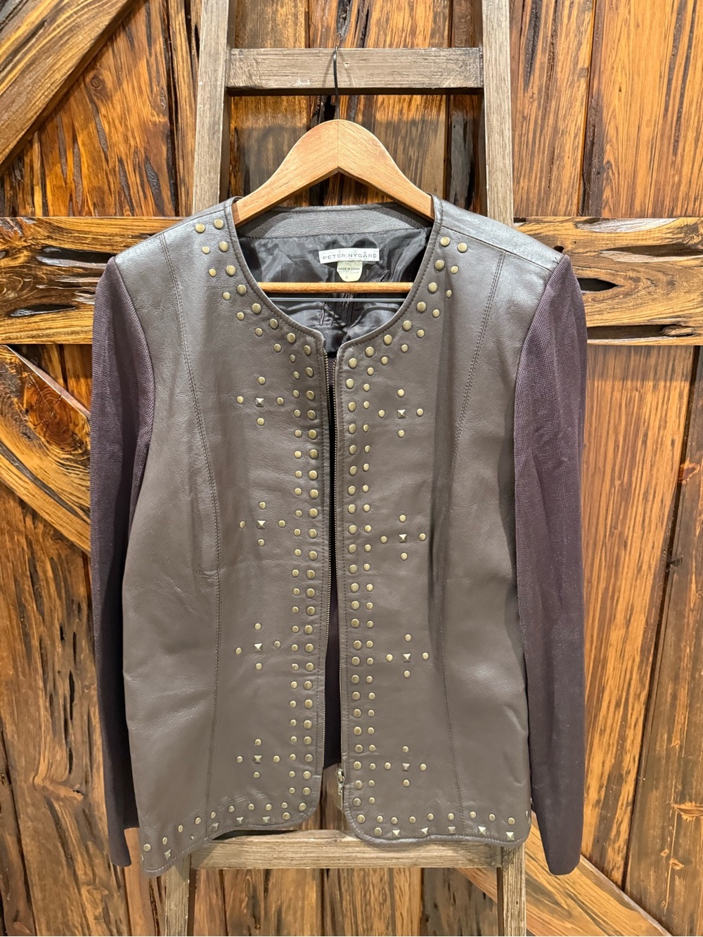 Peter Nygard Brown Leather Jacket with Purple Knit Sleeves